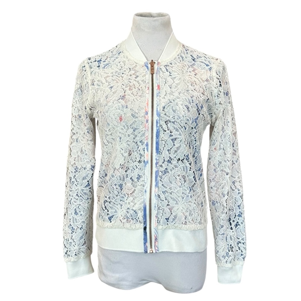 Candies Blue & White Floral Crochet Lace Reversible Bomber Jacket - Size Medium - Picture 8 of 14